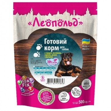 Леопольд Готовый корм с сердцем, печенью, курицей и рисом с овощами для собак, пауч 500 г (12шт/уп)  Леопольд Готовый корм с сердцем, печенью, курицей и рисом с овощами для собак, пауч 500 г (12шт/уп)