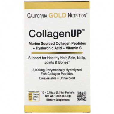 Комплекс для кожи, волос, ногтей California Gold Nutrition CollagenUp, Marine Hydrolyzed Collagen + Hyaluronic Acid + Vitamin C, (5,15 g) x 10 packs Unflavored