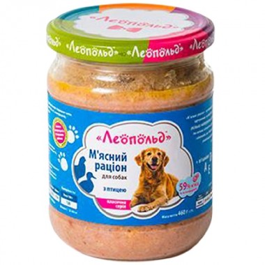 Леопольд Мясной рацион с птицей для собак, стеклянная банка 460 г (6шт/уп)  Леопольд Мясной рацион с птицей для собак, стеклянная банка 460 г (6шт/уп)