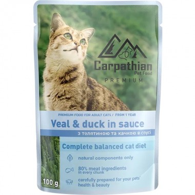  Carpathian ТЕЛЯТИНА С УТКОЙ в соусе Veal&Duck in sause для кошек, 100 г пауч (24шт/уп).