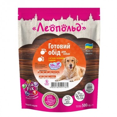 Леопольд Готовий обід з  м'ясом, печінкою та куркою для собак, пауч 500 г (12шт/уп)