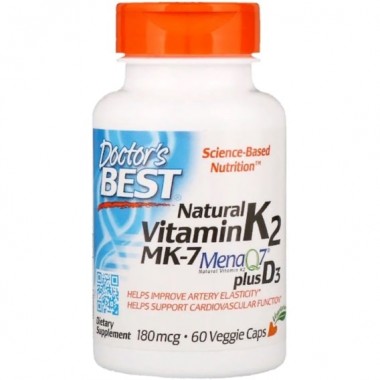 Вітамін K Doctor's Best Natural Vitamin K2 MK-7 with MenaQ7 plus Vitamin D3 180 mcg 60 Veg Caps DRB-00404