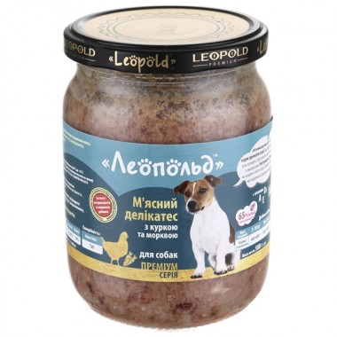 Леопольд Мясные деликатесы с курицей и морковью для собак, стеклянная банка 500 г (6шт/уп)  Леопольд Мясные деликатесы с курицей и морковью для собак, стеклянная банка 500 г (6шт/уп)