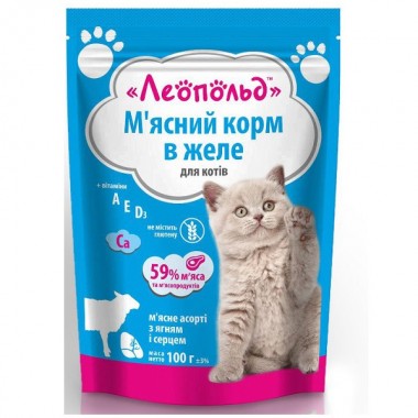  Леопольд  Мясное ассорти с ягненком и сердцем в желе для кошек, пауч 100 г (24шт/уп)