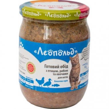  Леопольд Готовый обед с птицей, рыбой и овощами для кошек, стеклянная банка 500 г (6 шт/уп)