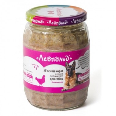  Леопольд Мясной корм с курицей и субпродуктами для собак. Стеклянная банка 670 г (6 шт/уп)