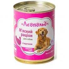 Леопольд Мясной рацион с индейкой для собак, металлическая банка 360 г Леопольд Мясной рацион с индейкой для собак, металлическая банка 360 г