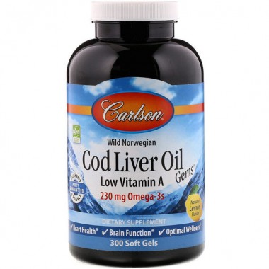 Жир из печени трески Carlson Labs Cod Liver Oil Gems Low Vitamin A 300 Soft Gels Natural Lemon Flavor CAR-01393