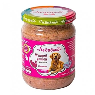 Леопольд Мясной рацион с индейкой для собак, стеклянная банка 460 г (6шт/уп)  Леопольд Мясной рацион с индейкой для собак, стеклянная банка 460 г (6шт/уп)