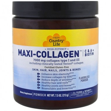 Комплекс для кожи, волос, ногтей Country Life Maxi-Collagen C & A plus Biotin High Potency Flavorless Powder 7.5 oz 213 g /30 servings/
