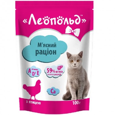 Леопольд Мясной рацион с птицей для кошек, пауч 100 г (24шт/уп)  Леопольд Мясной рацион с птицей для кошек, пауч 100 г (24шт/уп)