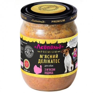  Леопольд Мясные деликатесы с мясом индюка для собак, стеклянная банка 500 г (6шт/уп)