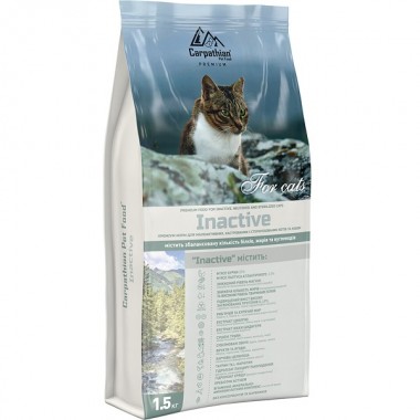  Carpathian Inactive Для малоактивных, кастрированных и стерилизованных кошек. С курицей и палтусом. Для выведения шерсти 1,5 кг.