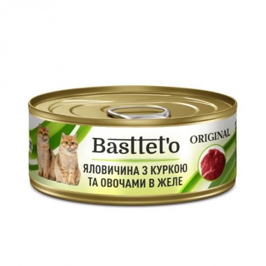 Basttet'o Original для кошек Говядина с курицей и овощами в желе, жб 85 г  Basttet'o Original для кошек Говядина с курицей и овощами в желе, жб 85 г