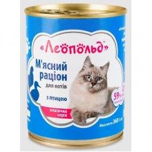 Леопольд Мясной рацион с птицей для кошек, металлическая банка 360 г Леопольд Мясной рацион с птицей для кошек, металлическая банка 360 г