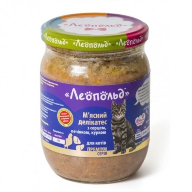  Леопольд Мясные деликатесы с сердцем, печенью, курицей для кошек, стеклянная банка 500 г, 6 шт/уп