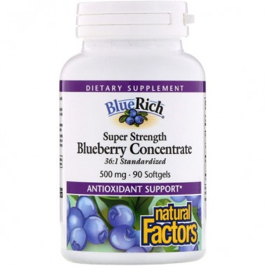 Комплекс для профилактики зрения Natural Factors BlueRich, Super Strength, Blueberry Concentrate 500 mg 90 Softgels NFS04516