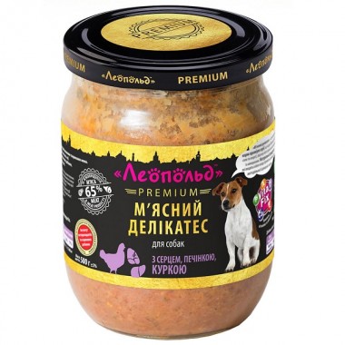  Леопольд Мясные деликатесы с сердцем, печенью, курицей для собак, стеклянная банка 500 г (6шт/уп)