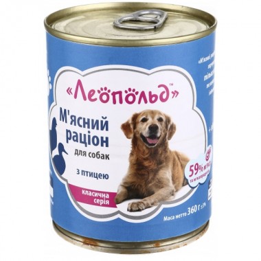  Леопольд Мясной рацион с птицей для собак, металлическая банка 360 г