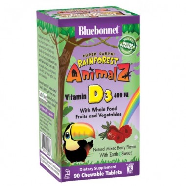 Витамин D Bluebonnet Nutrition Rainforest Animalz Vitamin D3 400 IU for kids 90 Chewable Tabs Natural Mixed Berry Flavor