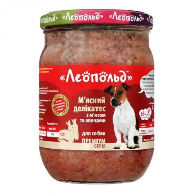  Леопольд Мясные деликатесы с мясом и овощами для собак, стеклянная банка 500 г (6шт/уп)