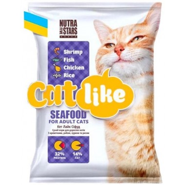  NutraFiveStars Кэт Лай Сифуд Catlike SEAFOOD (фиолетовый) Сухой корм для взрослых кошек. С креветкой,курицей,рыбой, рисом.10 кг