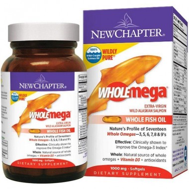 Жир лосося New Chapter Wholemega Extra Virgin Wild Alaskan Salmon Whole Fish Oil 1000 mg 180 Softgels