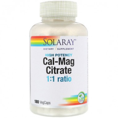 Микроэлемент Кальций Solaray Cal-Mag Citrate, 1:1 Ratio, High Potency 180 Veg Caps SOR04525