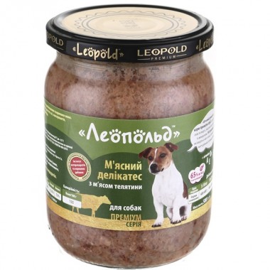  Леопольд Мясные деликатесы с мясом телятины для собак, стеклянная банка 500 г (6шт/уп)