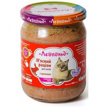 Леопольд Мясной рацион с кроликом для кошек, стеклянная банка 460 г (6шт/уп) Леопольд Мясной рацион с кроликом для кошек, стеклянная банка 460 г (6шт/уп)