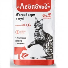 Леопольд Мясной корм в соусе с телятиной и рыбой с овощами для кошек, пауч 100 г (24шт/уп)
