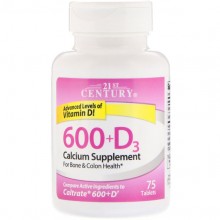 Микроэлемент Кальций 21st Century 600+D3, Calcium Supplement, 600 mg/800IU 75 Tabs