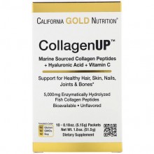 Комплекс для кожи, волос, ногтей California Gold Nutrition CollagenUp, Marine Hydrolyzed Collagen + Hyaluronic Acid + Vitamin C, (5,15 g) x 10 packs Unflavored