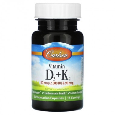 Комплекс Витамин D3+K2 Carlson Labs Vitamin D3 + K2, 50 mcg (2000 IU) + 90 mcg 30 Veg Caps CAR-10600