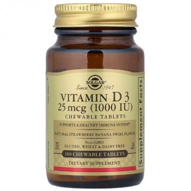 Витамин D Solgar Vitamin D3 (Cholecalciferol) 1000 IU 25 mcg 100 Chewable Tabs Strawberry Banana