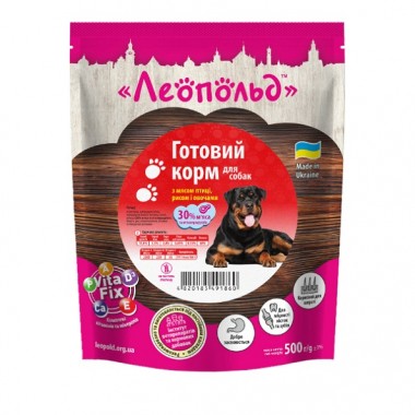  Леопольд Готовый корм с мясом птицы, рисом и овощами для собак, пауч (дой-пак) 500 г (12шт/уп)
