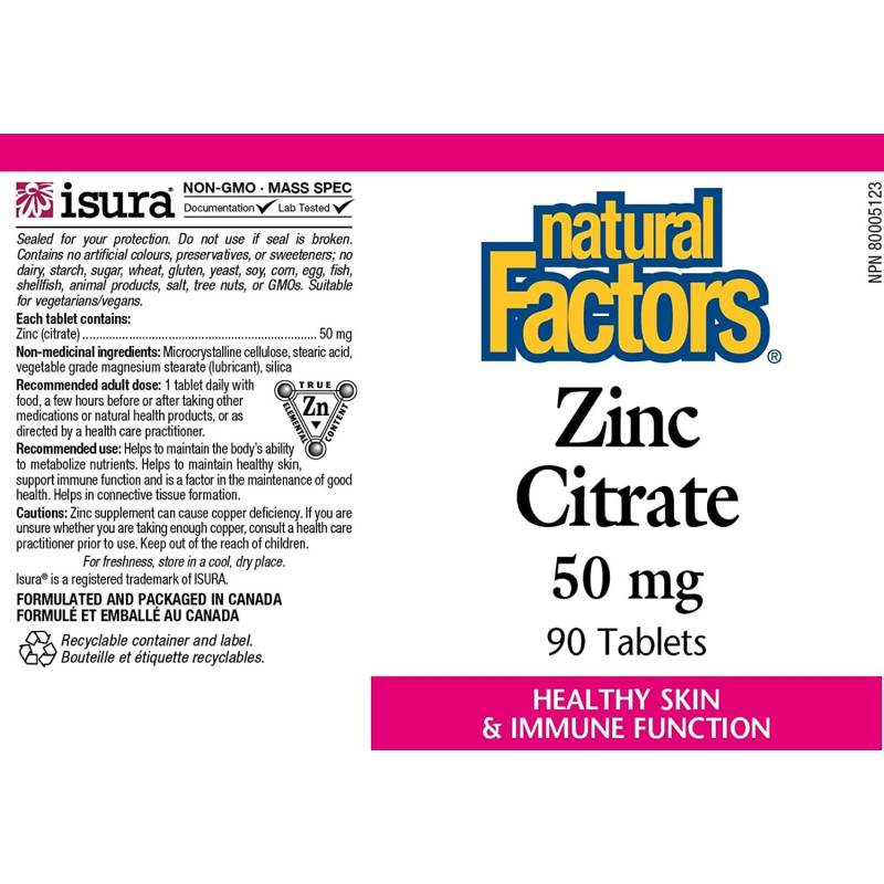 Мікроелемент Цинк Natural Factors Zinc Citrate 50 mg 90 Tabs