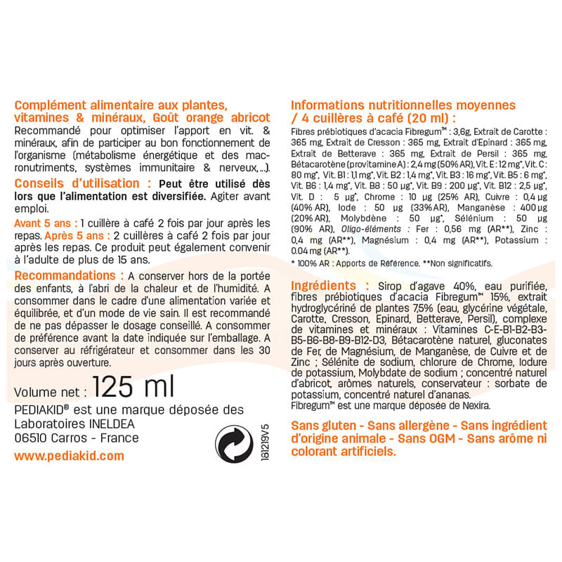 Суміш екстрактів Pediakid 22 Vitamins and minerals 250 ml /50 servings/ Orange Apricot