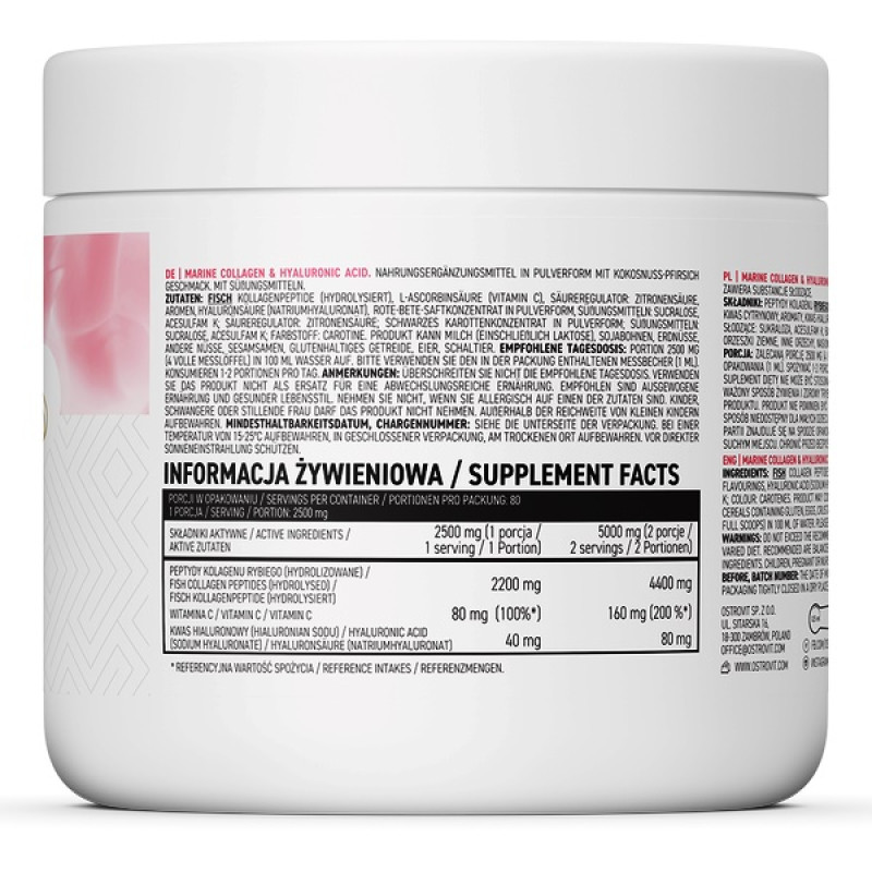 Хондропротектор (для спорту) OstroVit Marine Collagen + Hyaluronic Acid 200 g /30 servings/ Coconut Peach