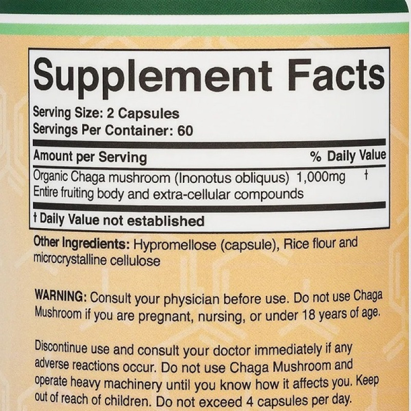Грибной комплекс Double Wood Chaga Mushroom 1000 mg (2 caps per serving) 120 Caps
