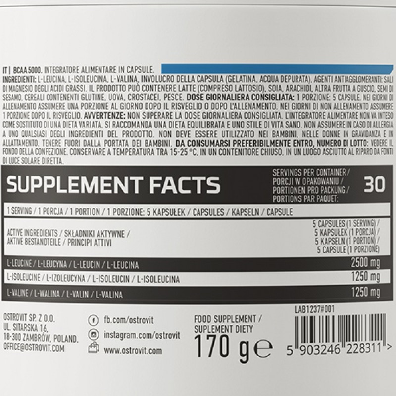 Амінокислота BCAA для спорту OstroVit BCAA 5000 mg 150 Caps