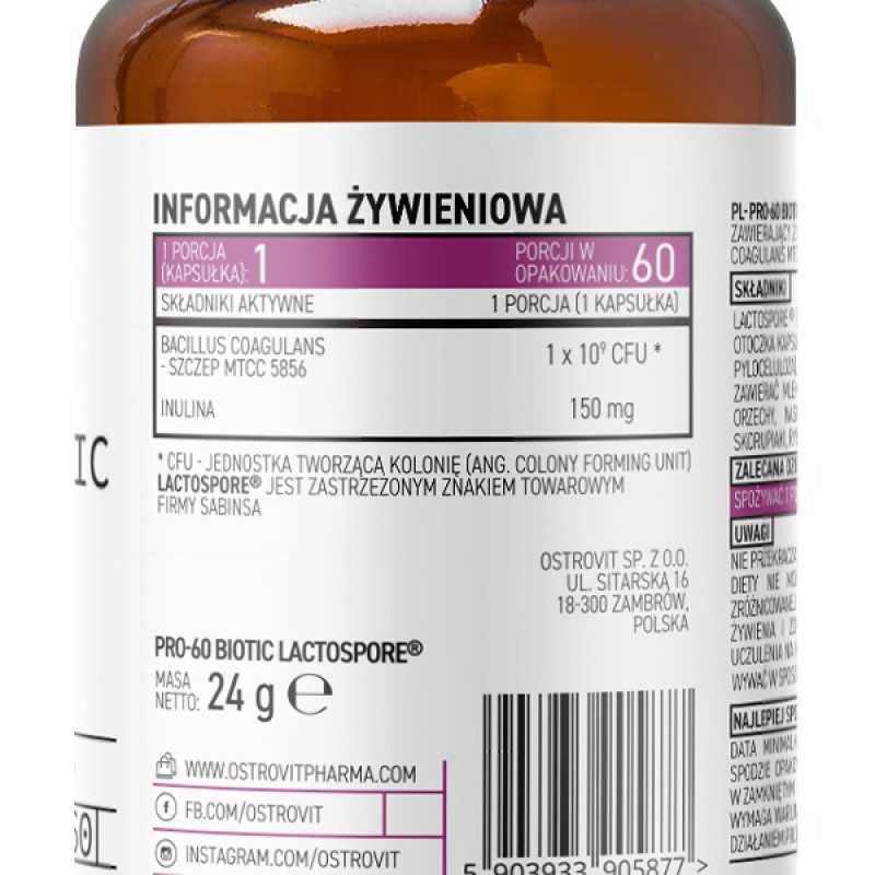 Ензими для спорту OstroVit Pharma PRO-60 BIOTIC LactoSpore 60 Caps