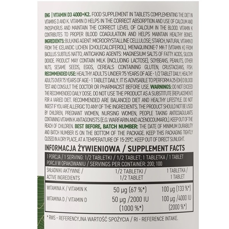 Мультивітаміни для спорту OstroVit Vege Vitamin D3 4000 + K2 100 Tabs