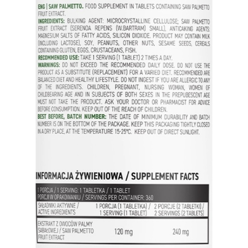 Натуральна добавка для спорту OstroVit Saw Palmetto Vege 360 Tabs