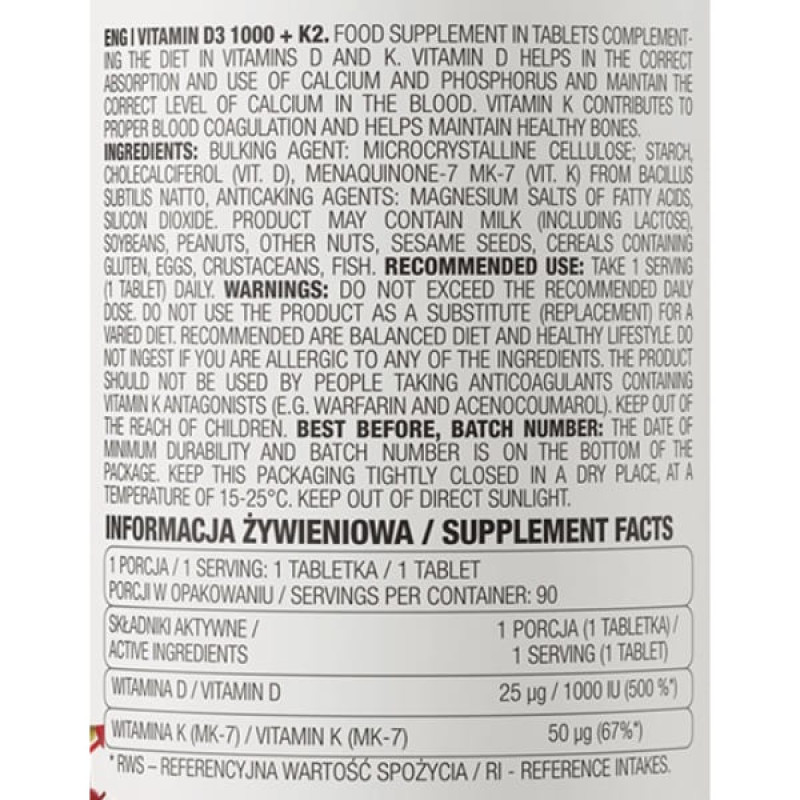 Вітамін D для спорту OstroVit Vitamin D3 1000 + K2 90 Tabs