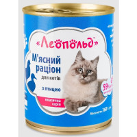  Леопольд Мясной рацион с птицей для кошек, металлическая банка 360 г