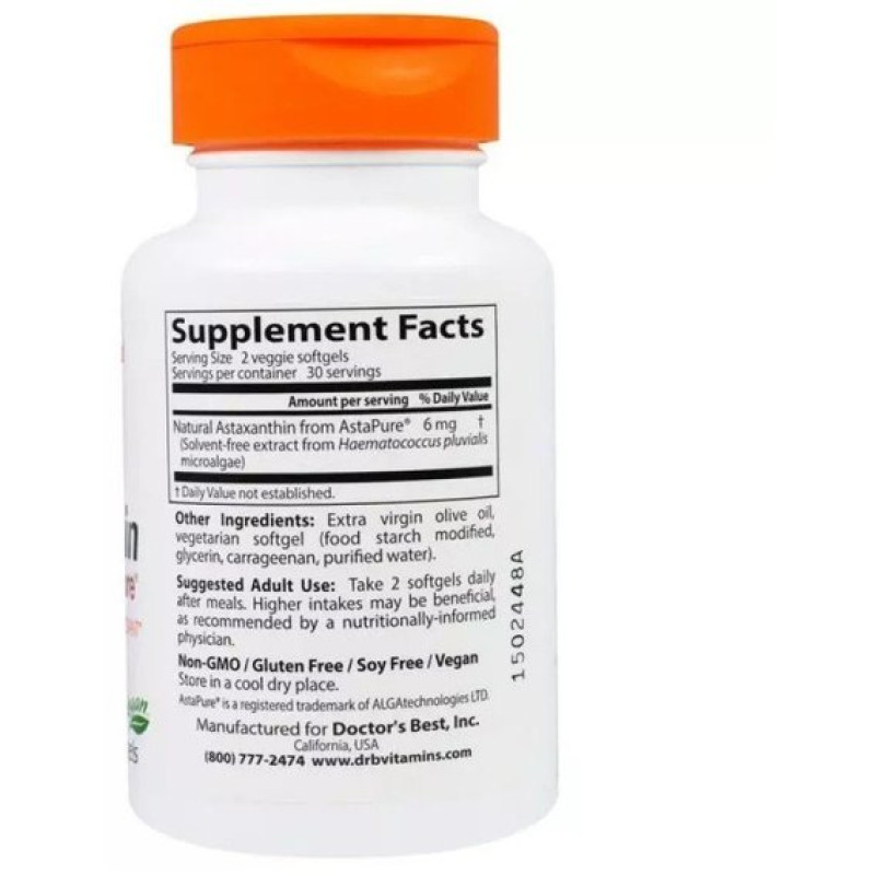Астаксантин Doctor's Best Astaxanthin with AstaPure 6 mg 90 Veg Softgels DRB-00367