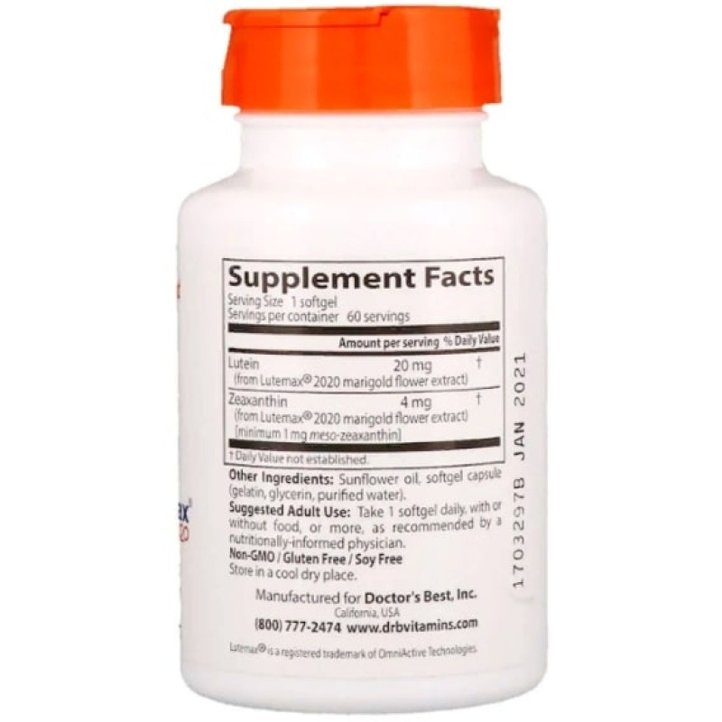 Лютеин Doctor's Best Lutein with Lutemax 2020 20 mg 60 Softgels DRB-00369