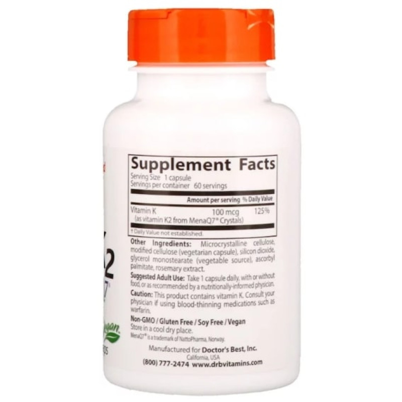 Вітамін K Doctor's Best Natural Vitamin K2 MK-7 with MenaQ7 100 mcg 60 Veg Caps DRB-00334