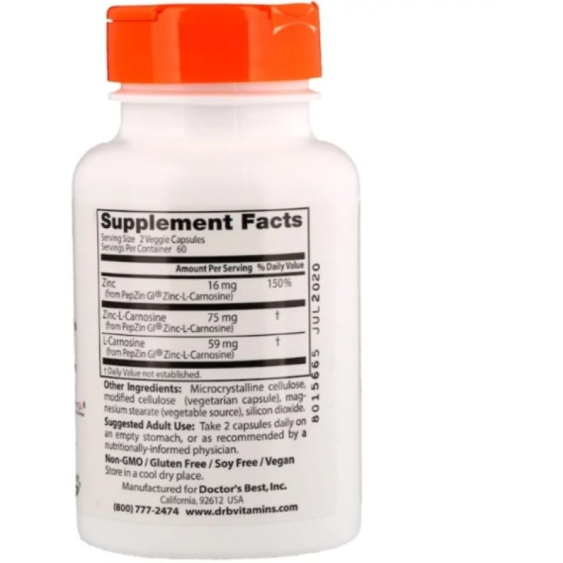 Комплекс для травлення Doctor's Best PepZin GI Zinc-L-Carnosine Complex 120 Veg Caps DRB-00136
